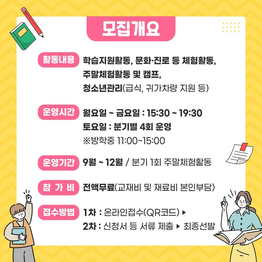 모집개요 활동내용 : 학습지원활동, 문화·진로 등 체험활동, 주말체험활동 및 캠프, 청소년관리(급식, 귀가차량 지원 등) 운영시간 : 월요일 ~ 금요일 :15:30 ~ 19:30, 토요일 : 분기별 4회 운영 ※ 방학중 11:00 ~ 15:00 운영기간 : 9월 ~ 12월 / 분기 1회 주말체험활동 참가비 : 전액무료(교재비 및 재료비 본인부담) 접수방법 : 1차 - 온라인접수(QR코드), 2차 - 신청서 등 서류 제출